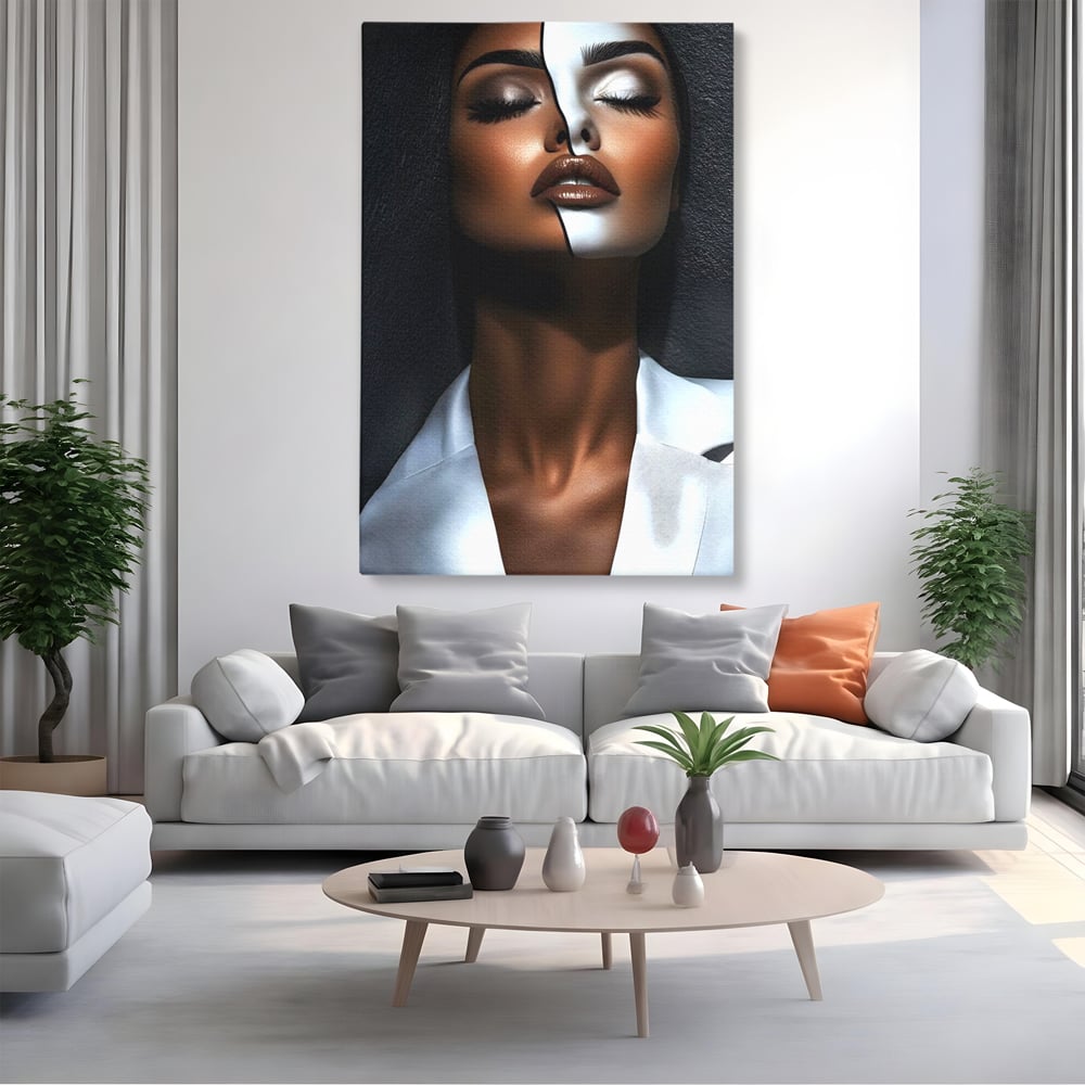 Tablou canvas cu tablou canvas cu portret dual de femeie, fara rama, pe sasiu de lemn, pe perete intr-un living